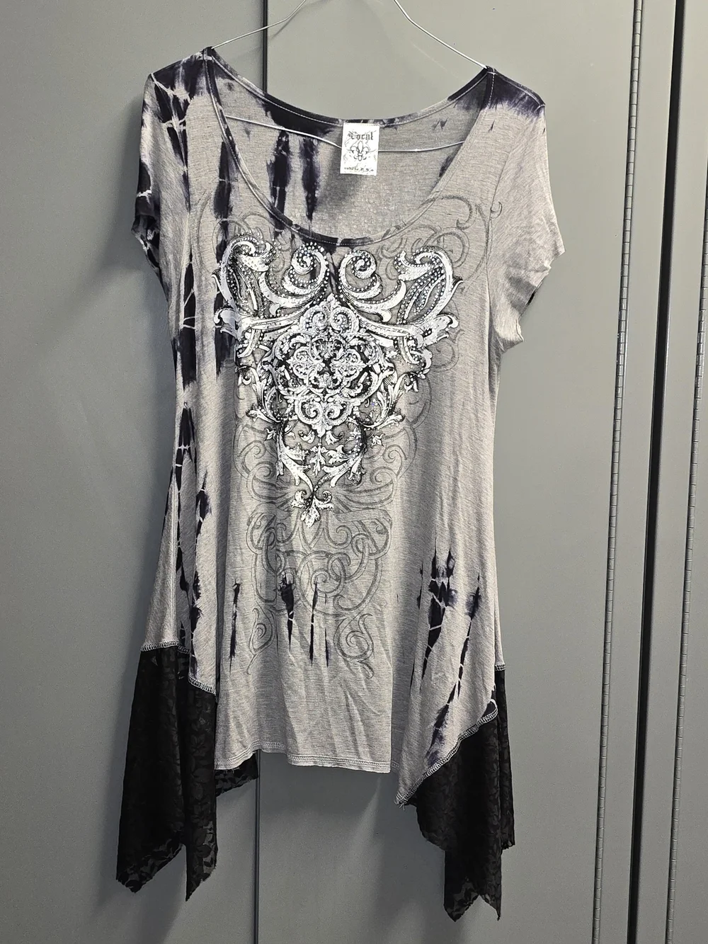 Vocal Gray Tie-Dye Tunic with Black Lace Hem and Embellished Front And Back.